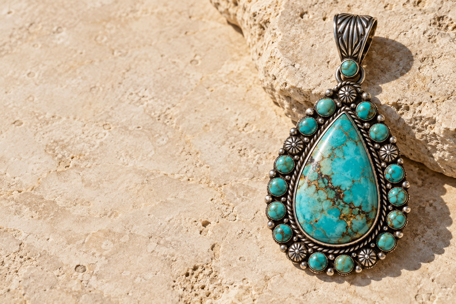Illustrative turquoise-colored pendant on pale stone